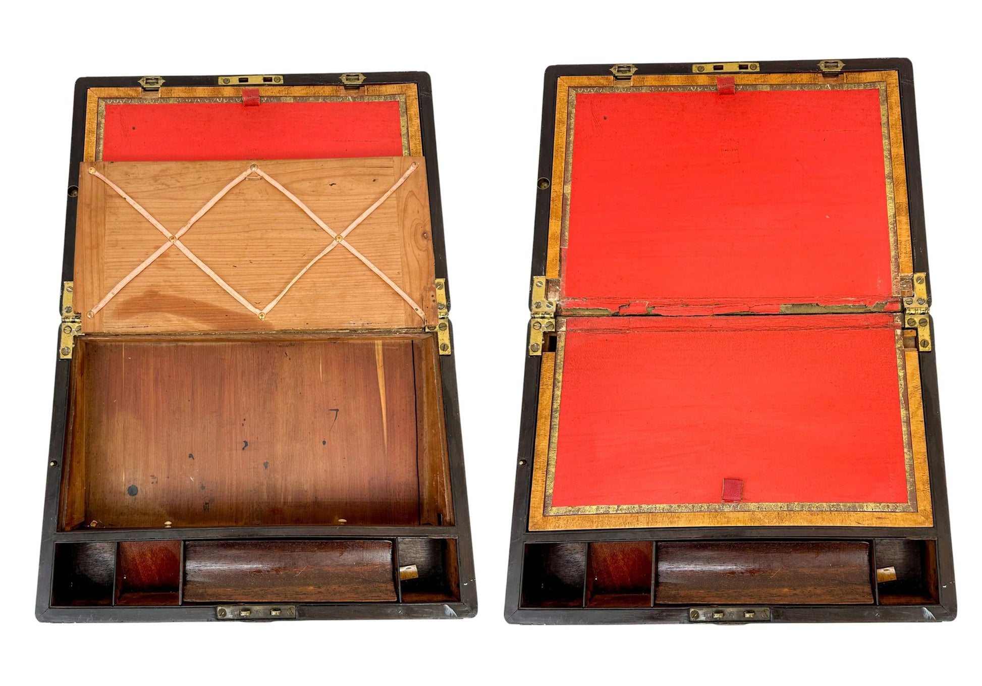 Large rosewood Victorian writing box with mother of pearl cartouche and secret pull out drawers