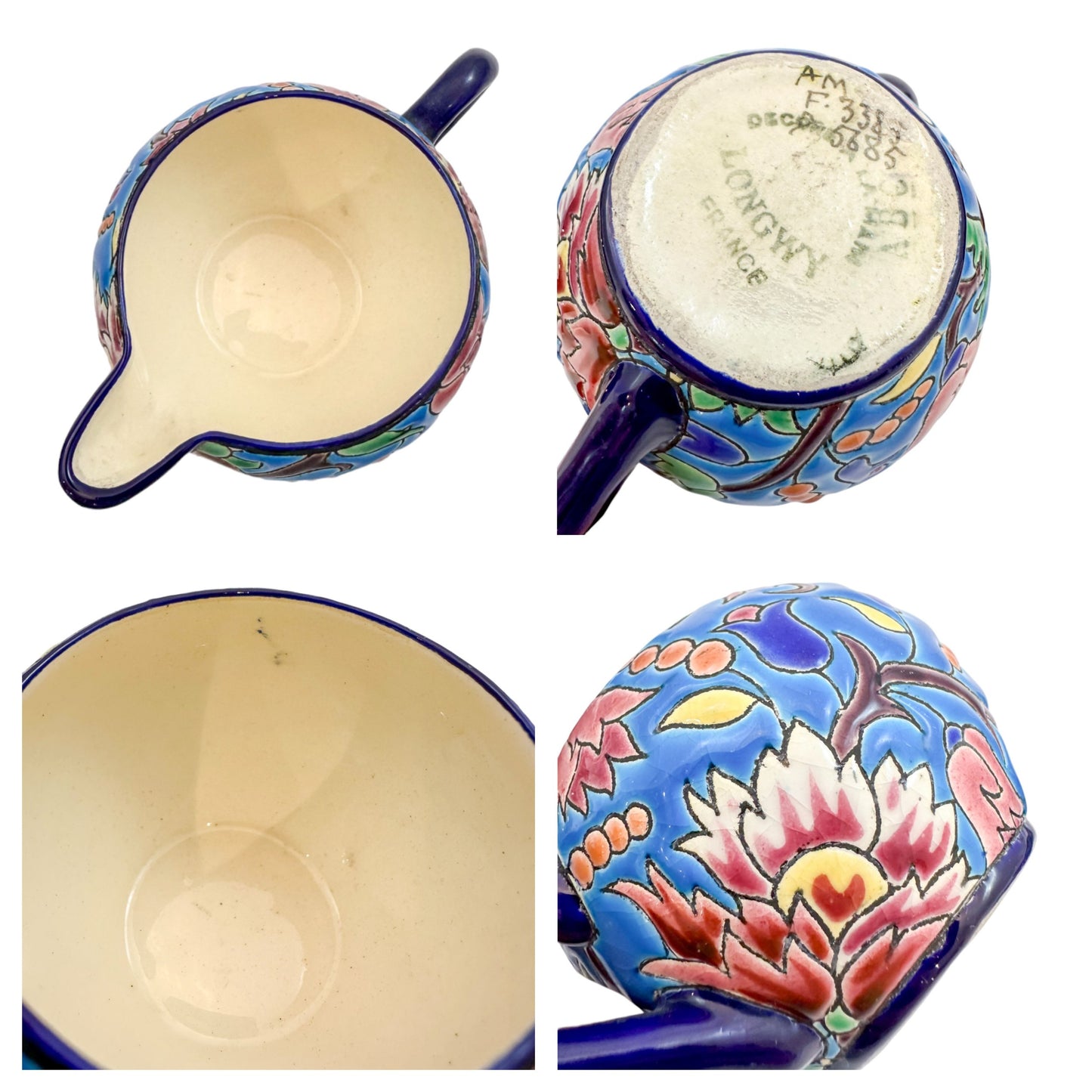 1930's Art Deco Longwy French cloisonné faience enamel pottery tea set, Japanese design