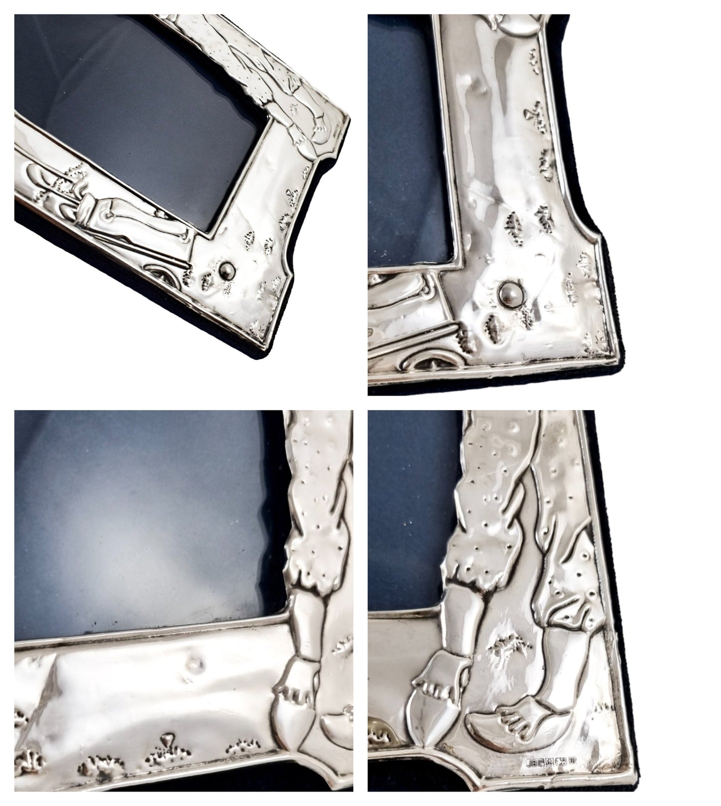 Sterling silver strut easel photo frame with golfer, golfing caddy and tree