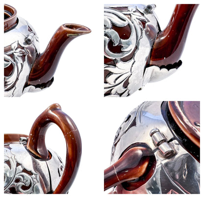 Art Nouveau Lenox brown teapot, stand and creamer with sterling silver overlay