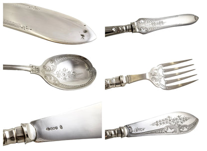 Victorian Queens silver plate 16 piece 6 person fish cutlery set, 4 servers in oak canteen