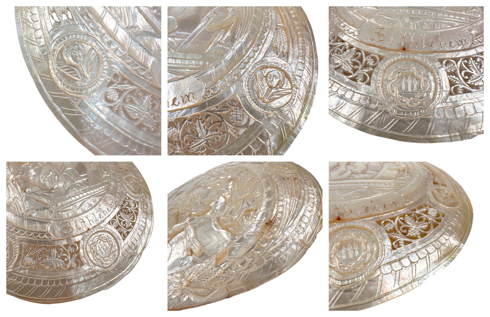 19th century pilgrim's souvenir from The Holy Land, mother of pearl carved shell of Jesus' Resurrection
