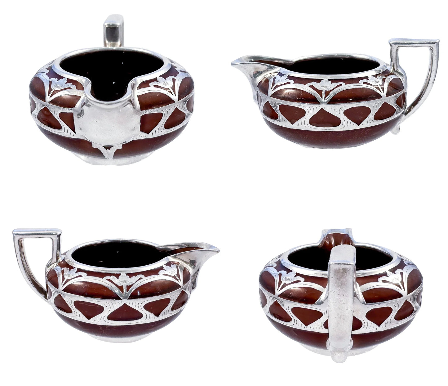Art Nouveau Lenox brown teapot, stand and creamer with sterling silver overlay