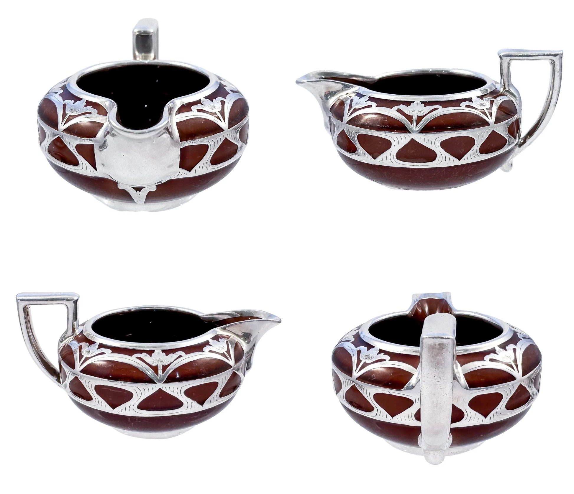 Art Nouveau Lenox brown teapot, stand and creamer with sterling silver overlay