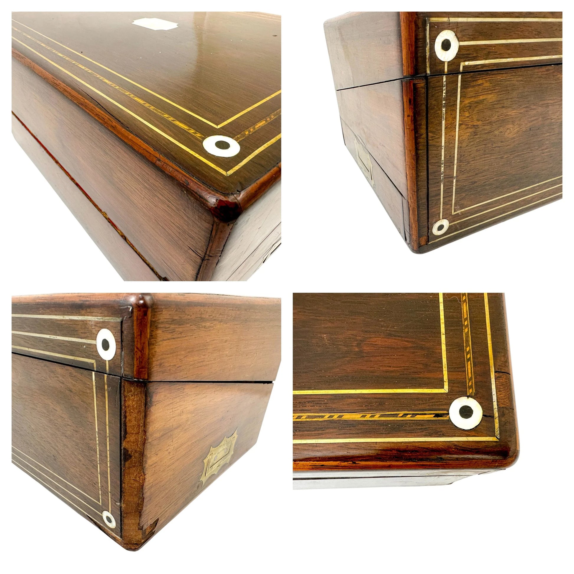 Large rosewood Victorian writing box with mother of pearl cartouche and secret pull out drawers