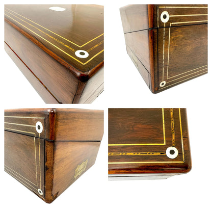 Large rosewood Victorian writing box with mother of pearl cartouche and secret pull out drawers
