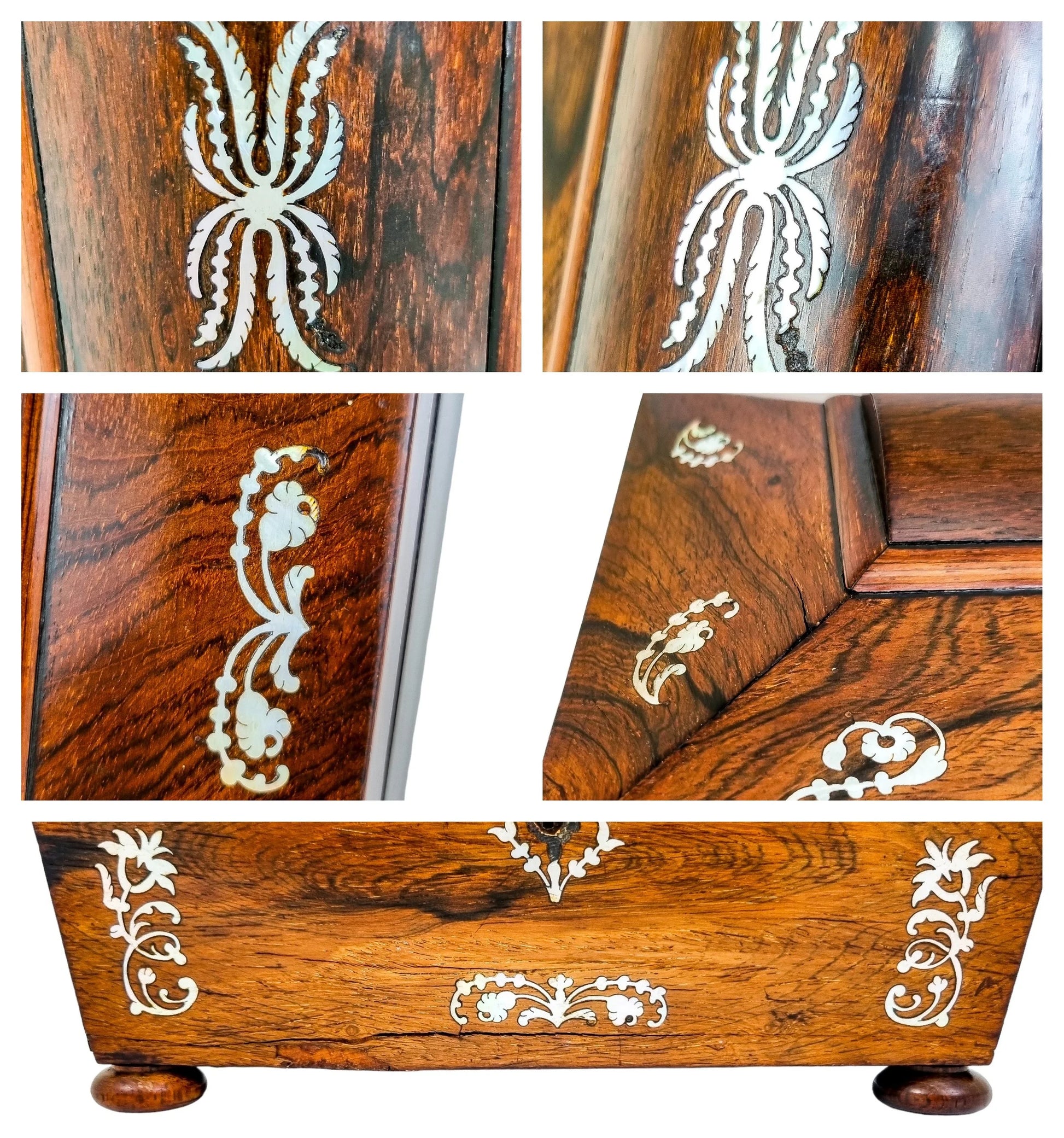 Early Victorian rosewood sarcophagus jewellery case with mother-of-pearl inlay