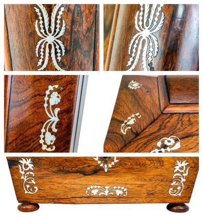 Early Victorian rosewood sarcophagus jewellery case with mother-of-pearl inlay