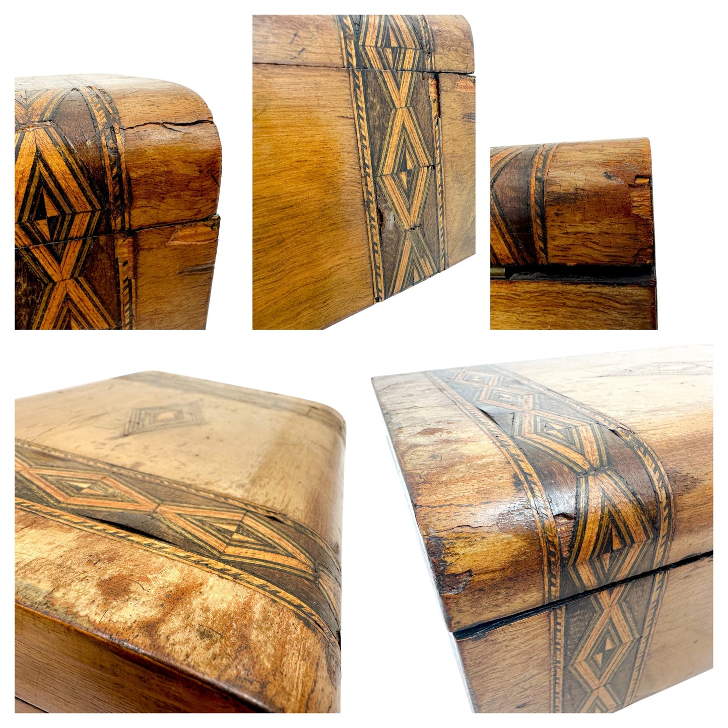 Victorian domed Tunbridge Ware storage jewellery box with lift out tray