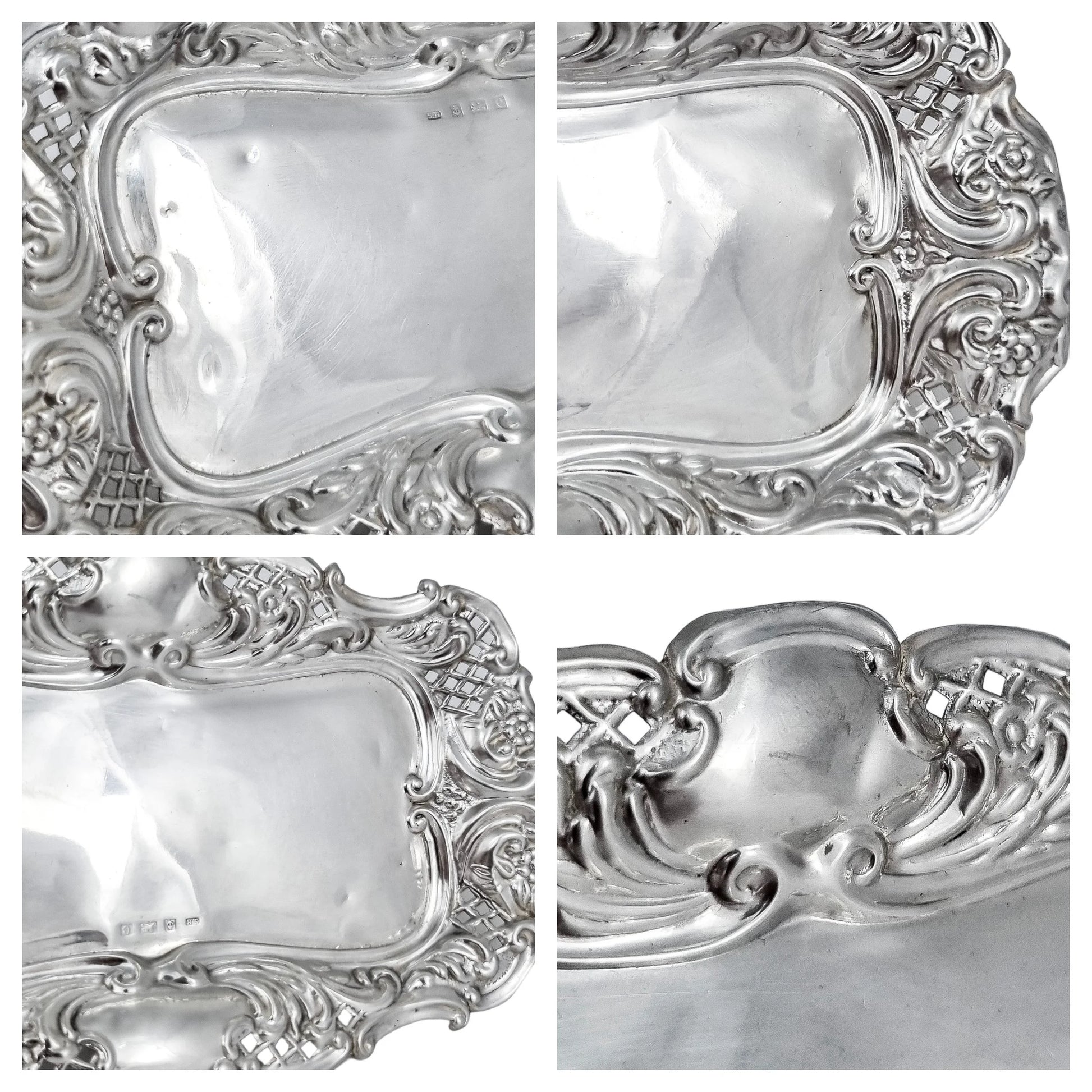 Edwardian sterling silver large pin dish / dressing table tray / vide poche