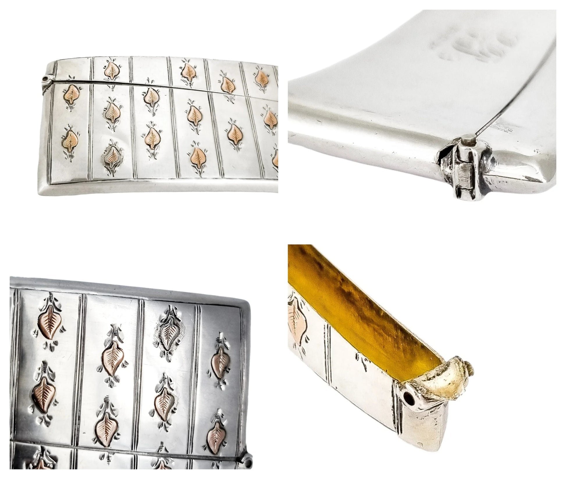 Art Deco sterling silver 9ct rose gold card case with leaf decoration
