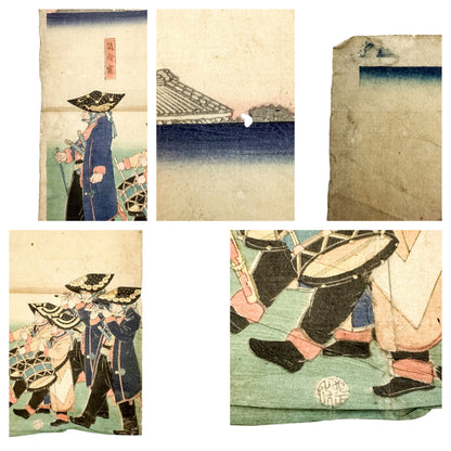 Edo period "Parade of the Emperor's Troops" woodblock print triptych by Utagawa Yoshifuji