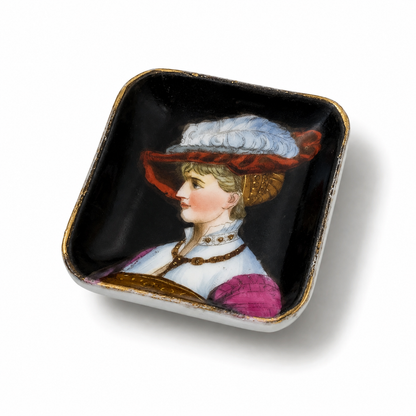 Square KPM porcelain dish, feathered plume hat