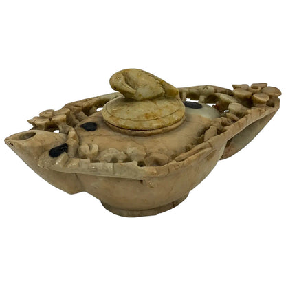 Chinese Republic pale yellow soapstone teapot with prunus flowers and bird on lid