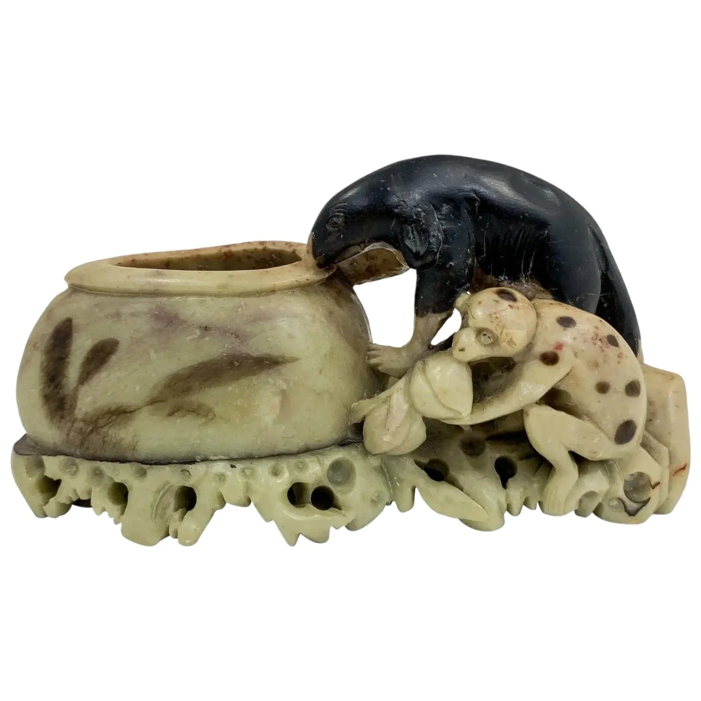 Chinese Republic soapstone calligraphy figural brush washer pot with dog and monkey figurines