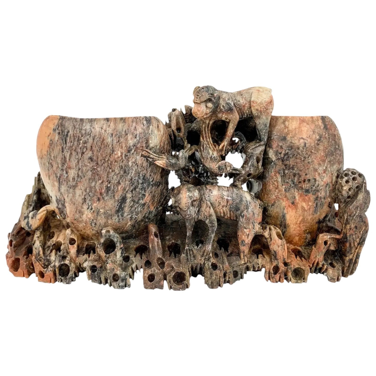 Chinese Republic soapstone calligraphy figural double brush pot figurine with monkeys  and birds