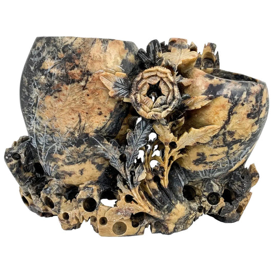 Chinese Republic yellow black soapstone calligraphy double brush pot figurine with flowers