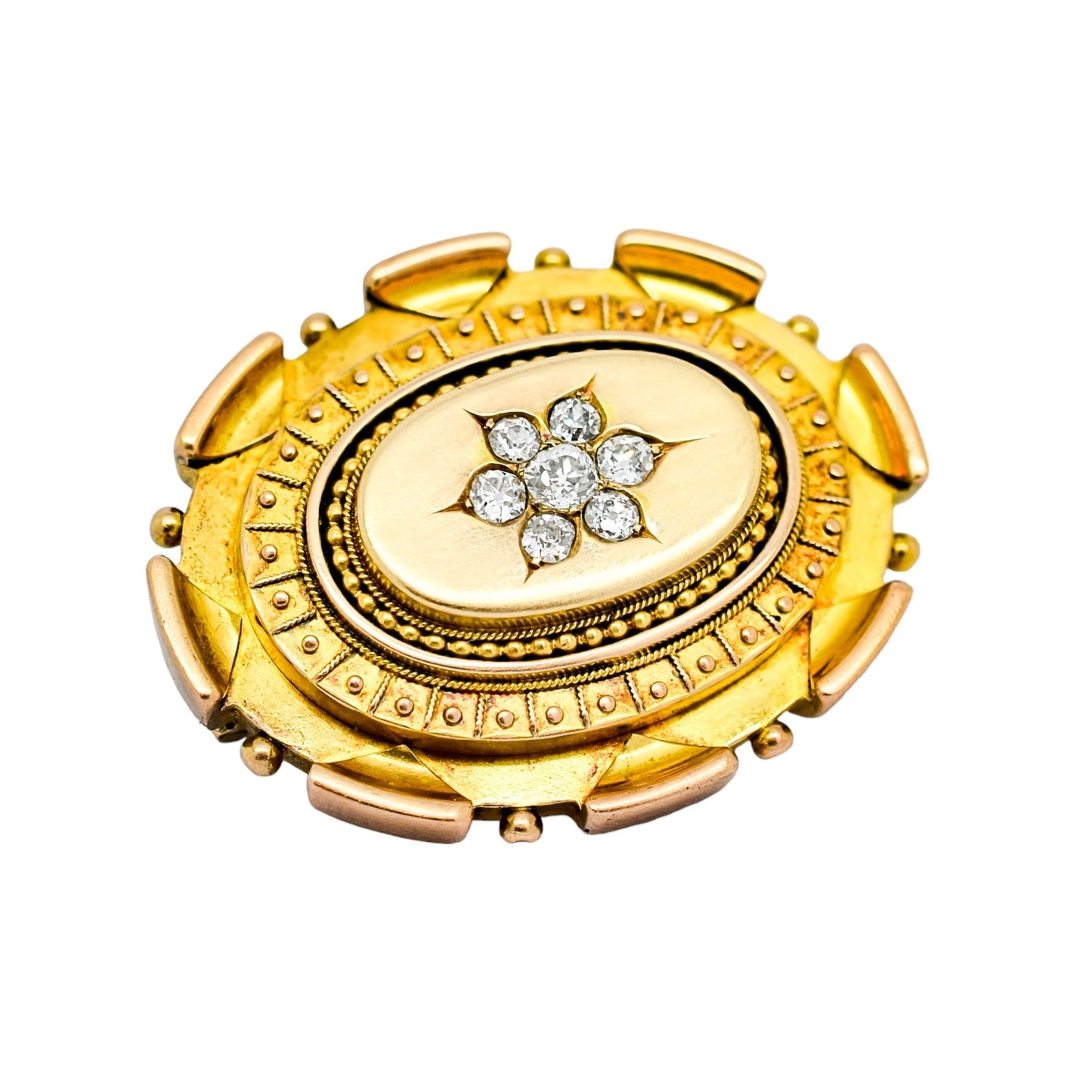 Victorian Etruscan Revival 15ct gold locket brooch, 0.6ct Old-cut diamonds, 13.22g
