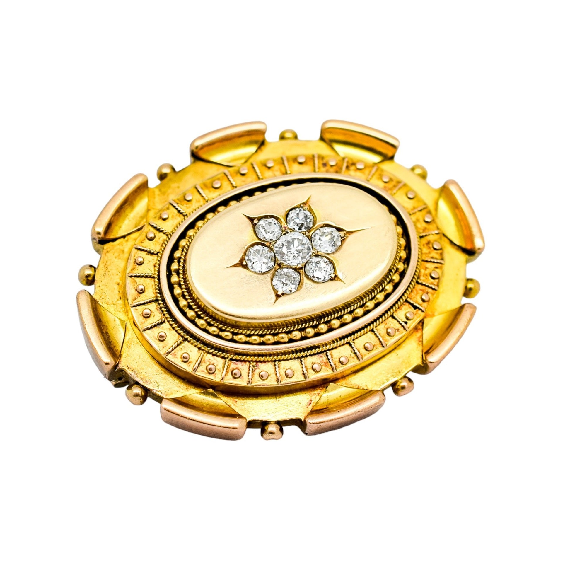 Victorian Etruscan Revival 15ct gold locket brooch, 0.6ct Old-cut diamonds, 13.22g