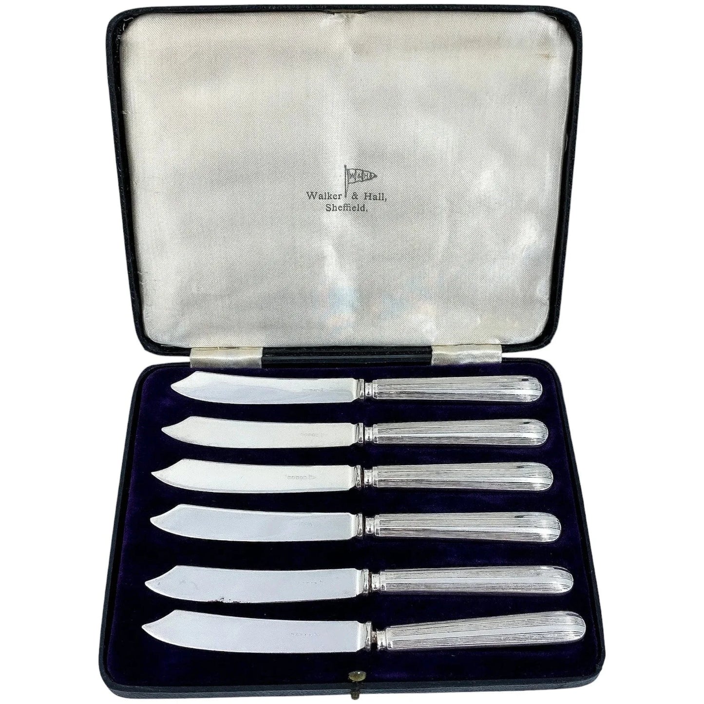 Art Deco Walker & Hall silver plated boxed dessert cutlery set for 6, fruit knives