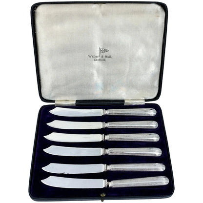 Art Deco Walker & Hall silver plated boxed dessert cutlery set for 6, fruit knives