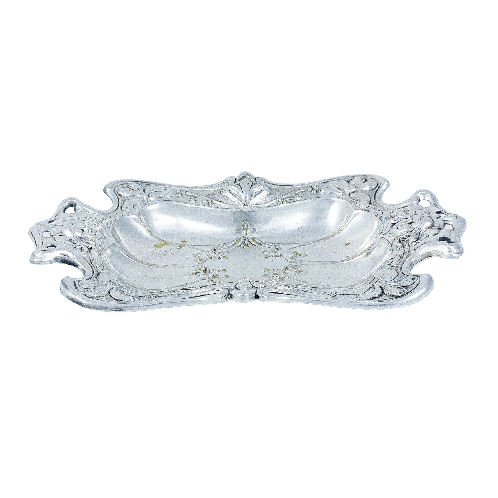 1890’s Art Nouveau oblong trinket dish embossed with foliage and women's faces