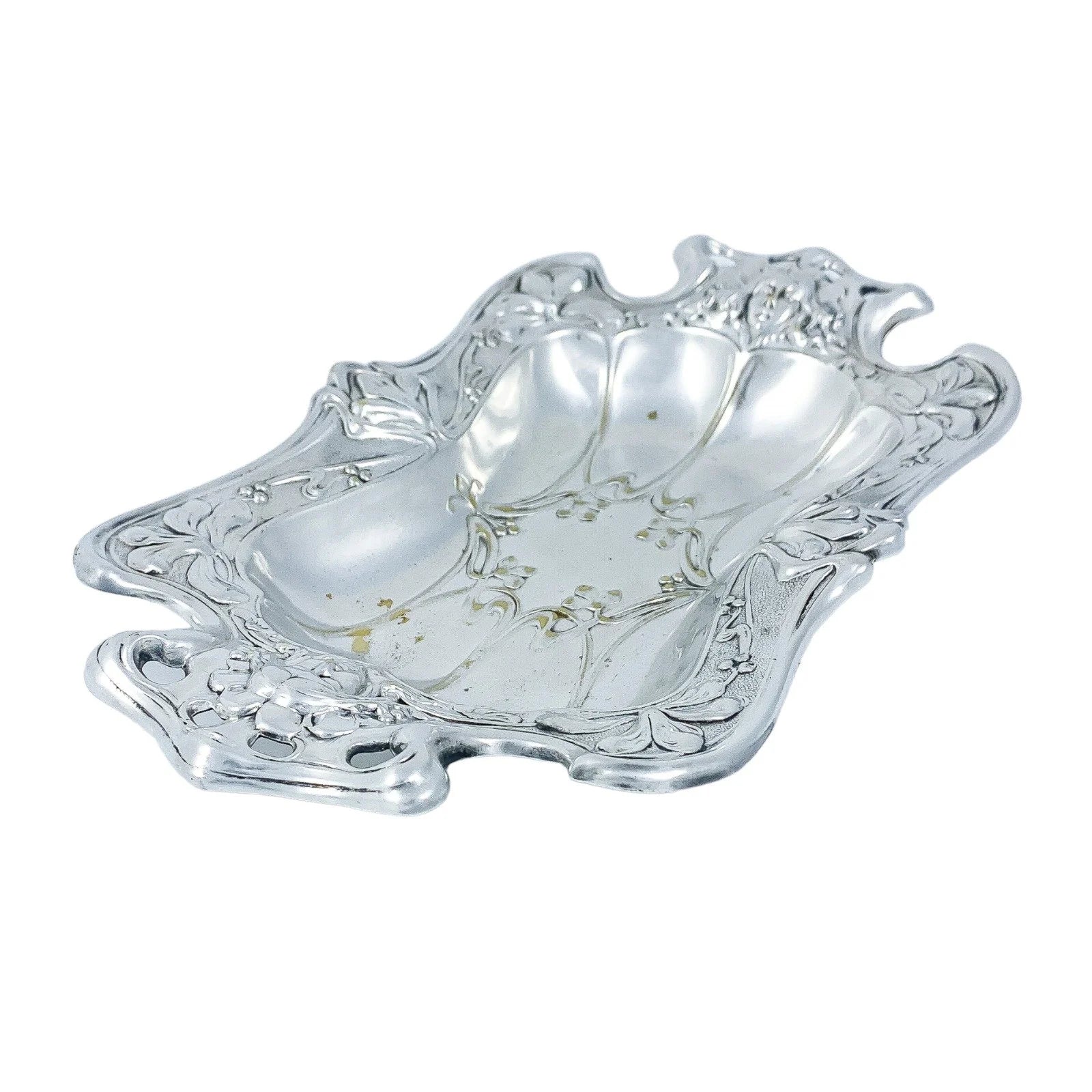1890’s Art Nouveau oblong trinket dish embossed with foliage and women's faces