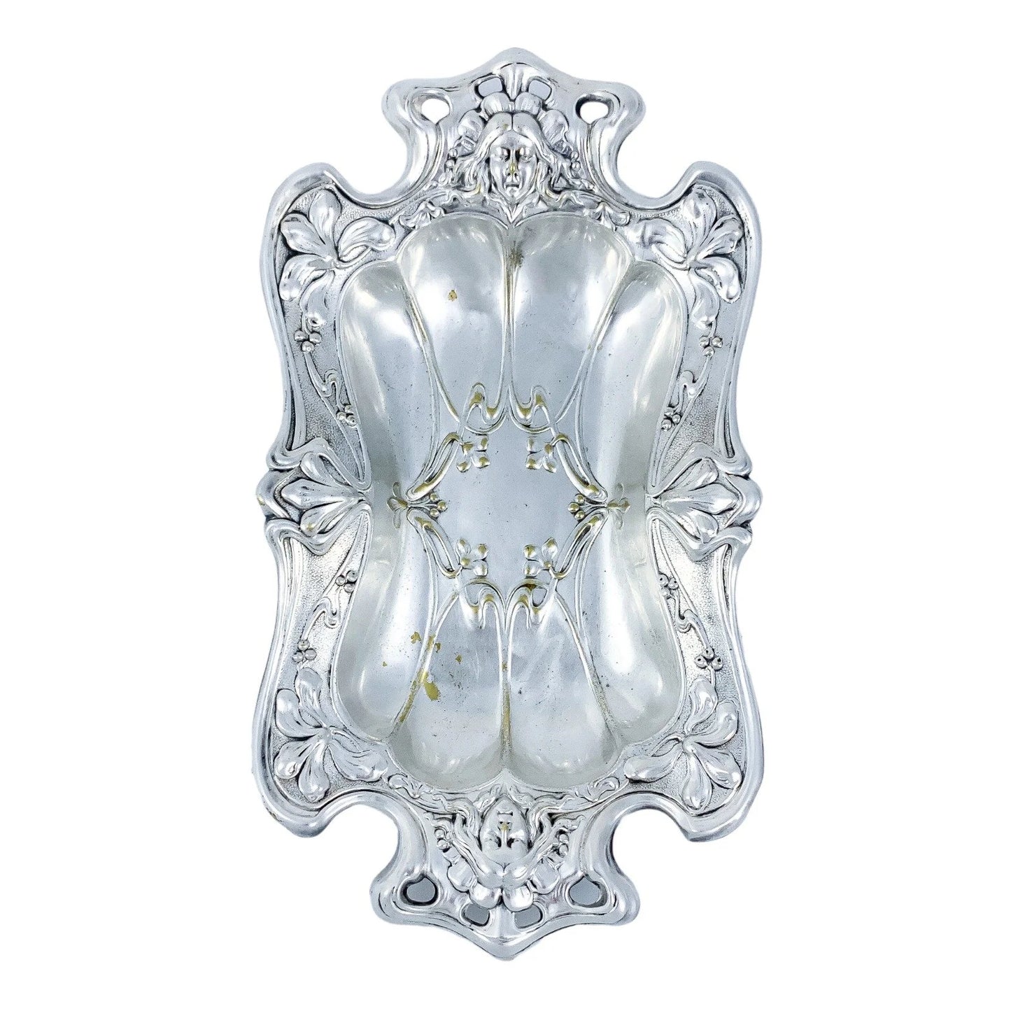 1890’s Art Nouveau oblong trinket dish embossed with foliage and women's faces