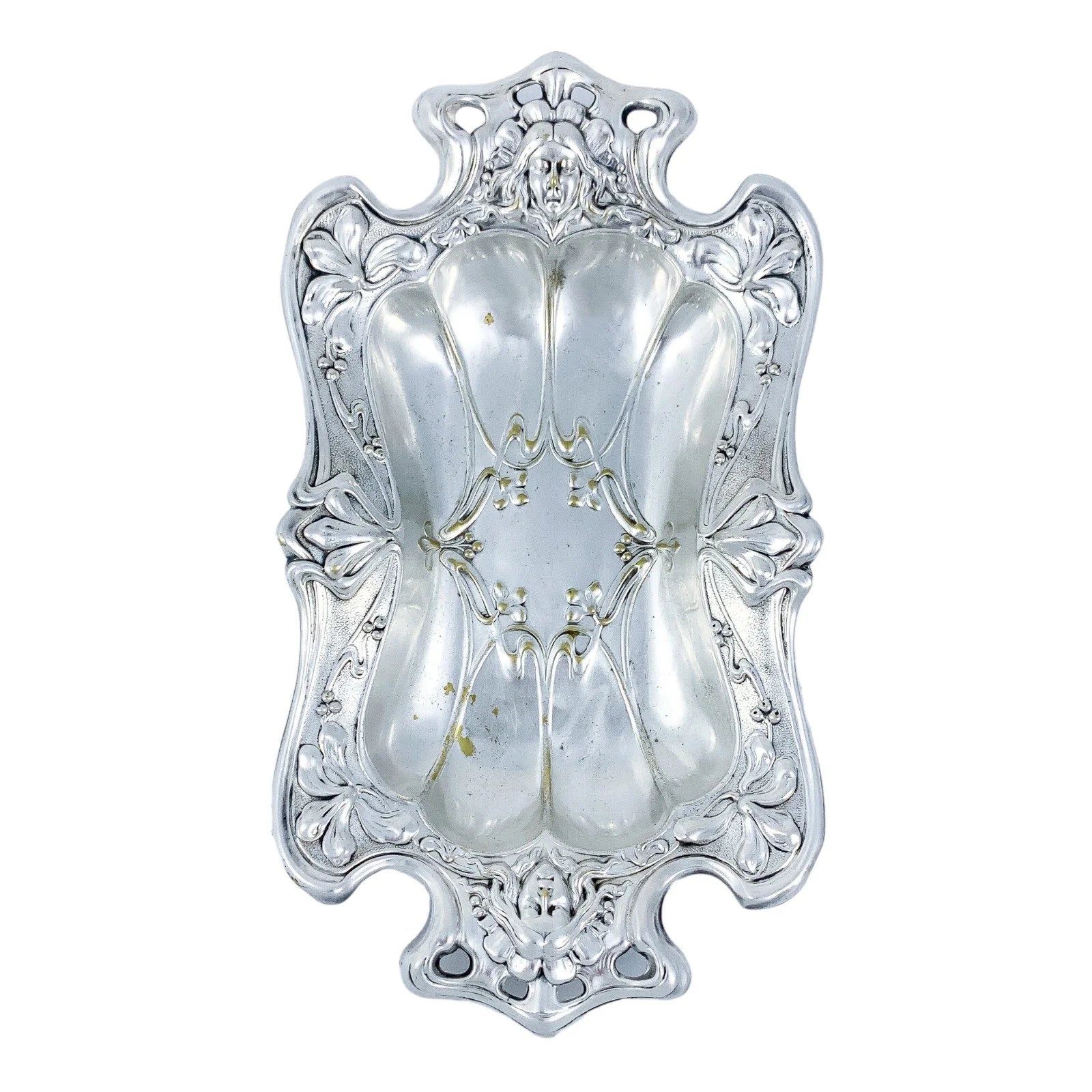 1890’s Art Nouveau oblong trinket dish embossed with foliage and women's faces