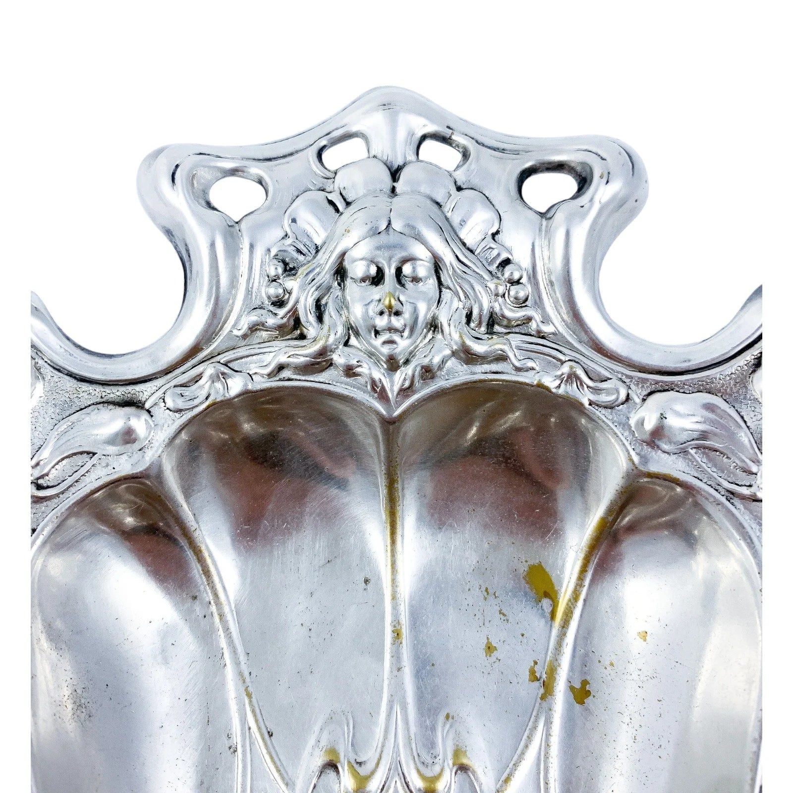 1890’s Art Nouveau oblong trinket dish embossed with foliage and women's faces