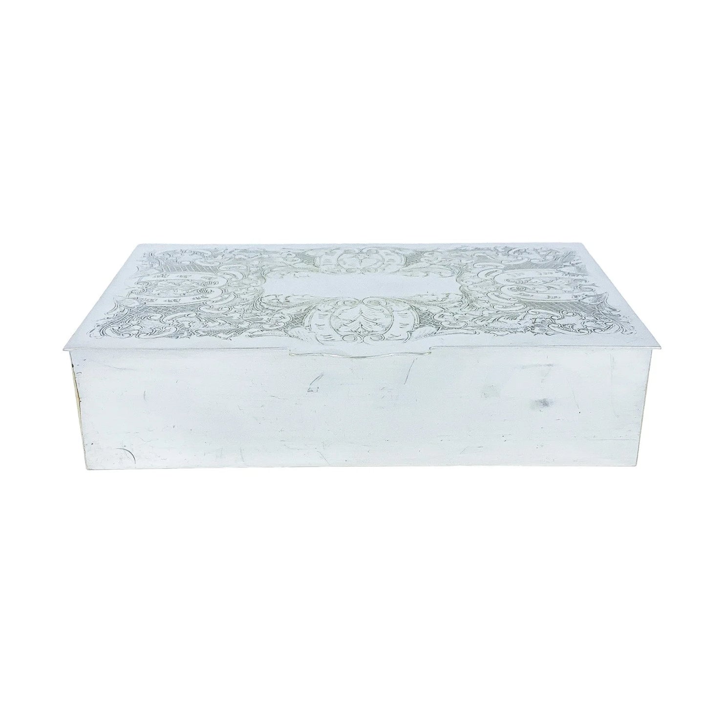 Large 1930's silver plated cigarette / jewellery box decorated with scrolls to lid