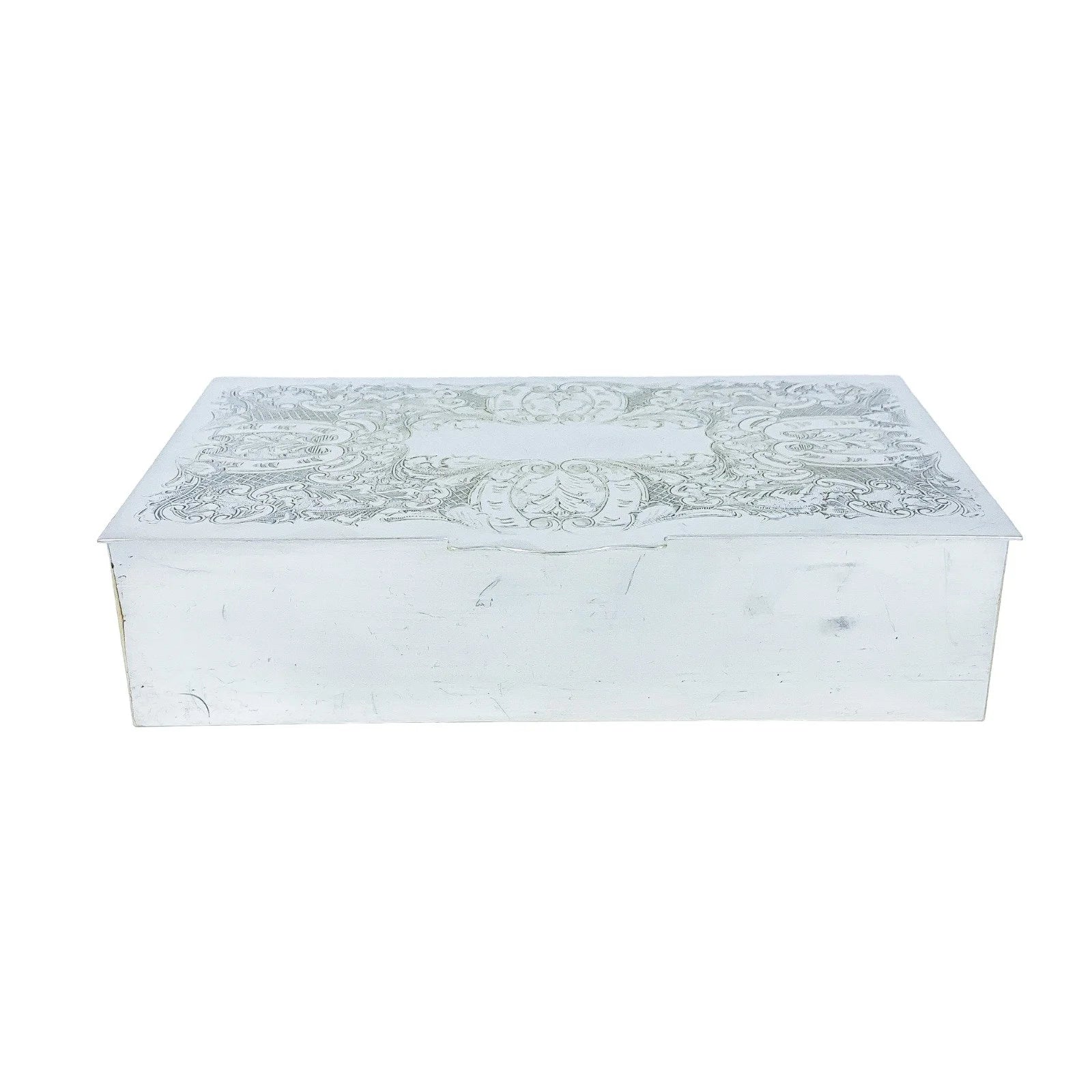 Large 1930's silver plated cigarette / jewellery box decorated with scrolls to lid