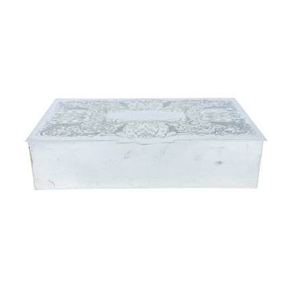 Large 1930's silver plated cigarette / jewellery box decorated with scrolls to lid