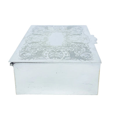 Large 1930's silver plated cigarette / jewellery box decorated with scrolls to lid