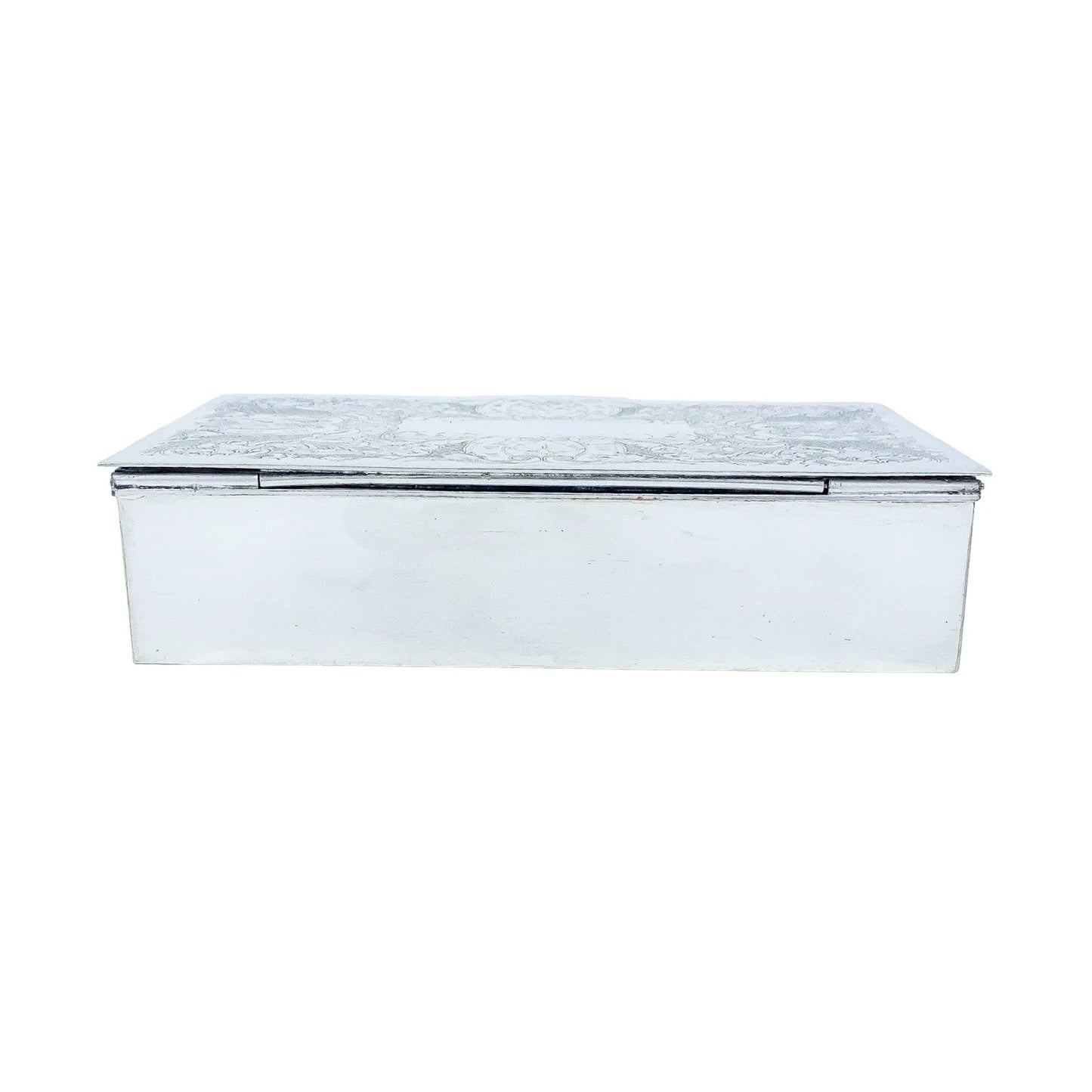 Large 1930's silver plated cigarette / jewellery box decorated with scrolls to lid