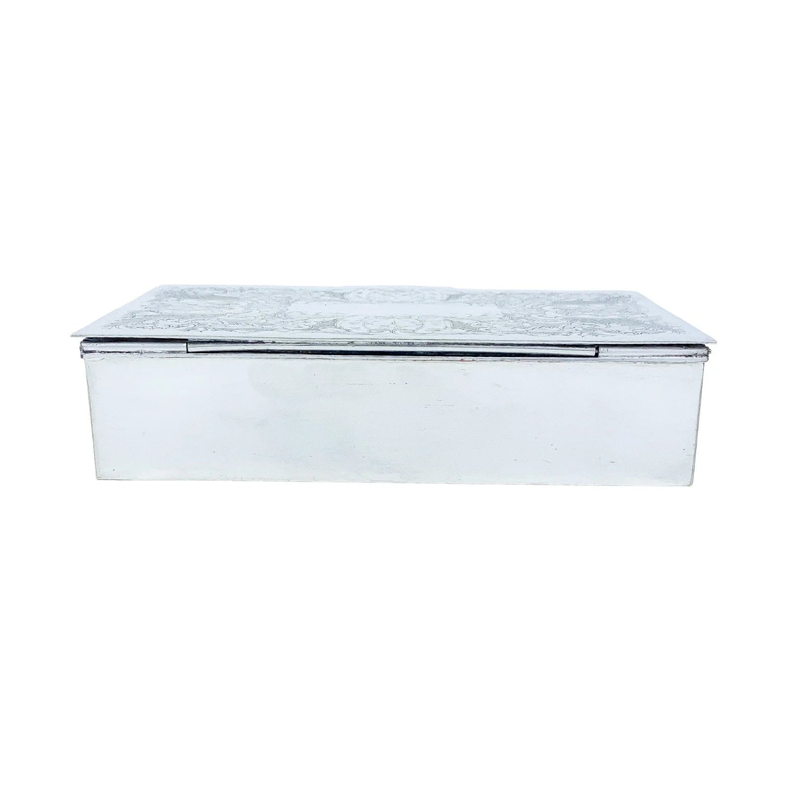 Large 1930's silver plated cigarette / jewellery box decorated with scrolls to lid