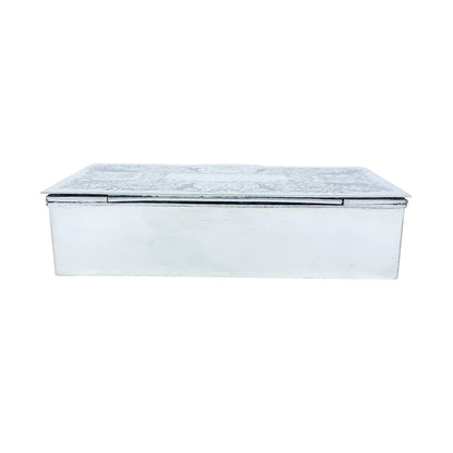 Large 1930's silver plated cigarette / jewellery box decorated with scrolls to lid
