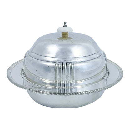 Art Deco silver plated round entrée serving tureen dish with original liner, Goldsmiths Co