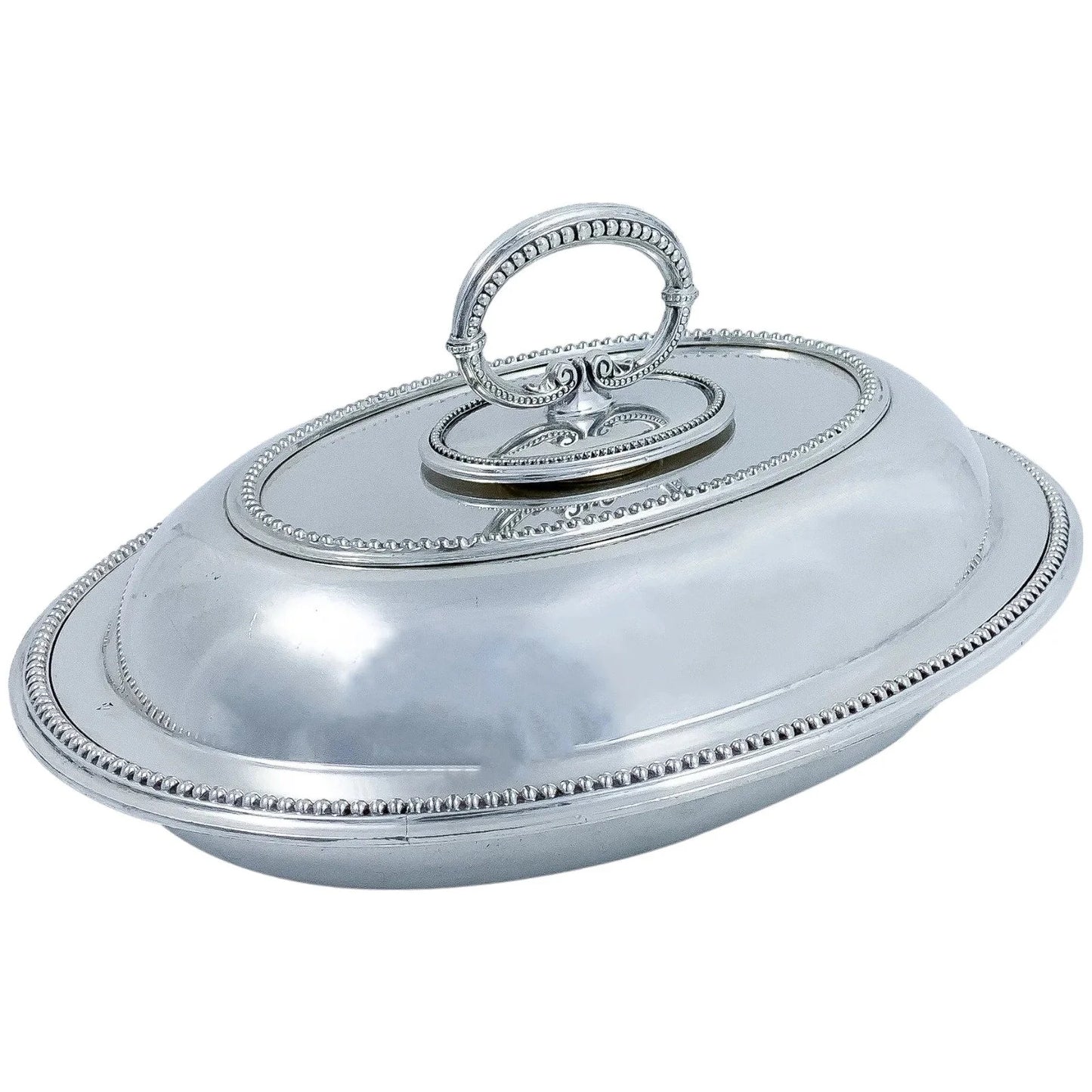 Victorian Hukin & Heath silver plated oval entrée serving tureen dish with ornate beaded borders and handle