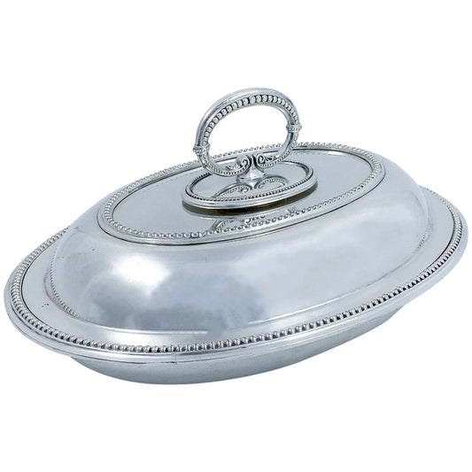 Victorian Hukin & Heath silver plated oval entrée serving tureen dish with ornate beaded borders and handle