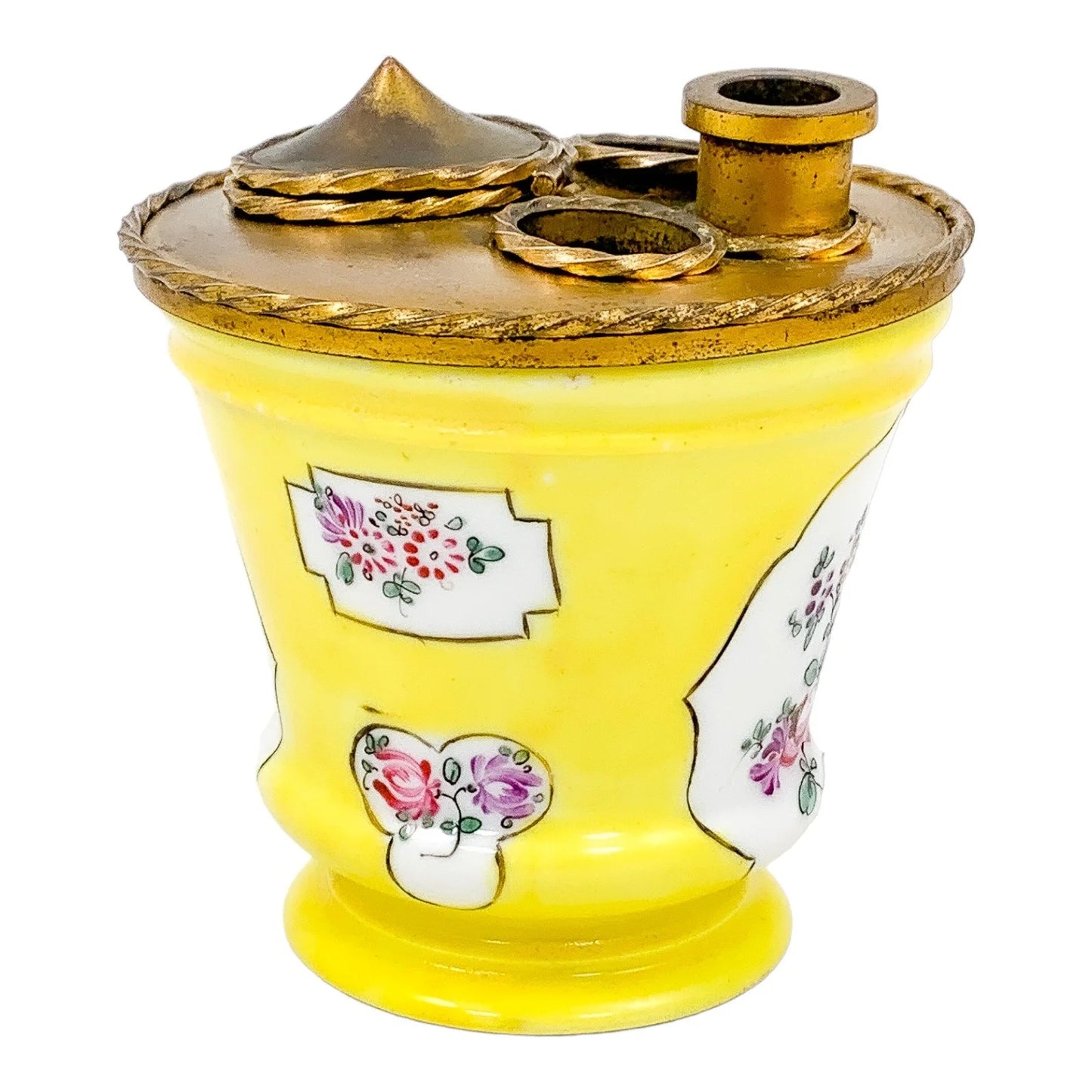 Edme Samson Paris porcelain yellow inkwell and penholder with gilt bronze top, Chinese export style