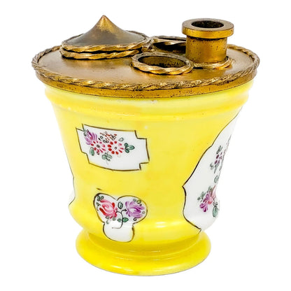 Edme Samson Paris porcelain yellow inkwell and penholder with gilt bronze top, Chinese export style