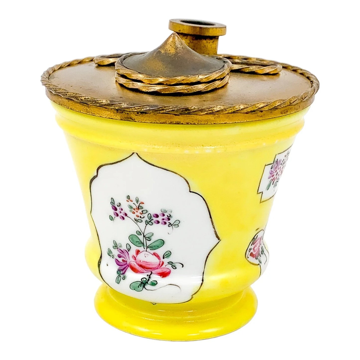 Edme Samson Paris porcelain yellow inkwell and penholder with gilt bronze top, Chinese export style