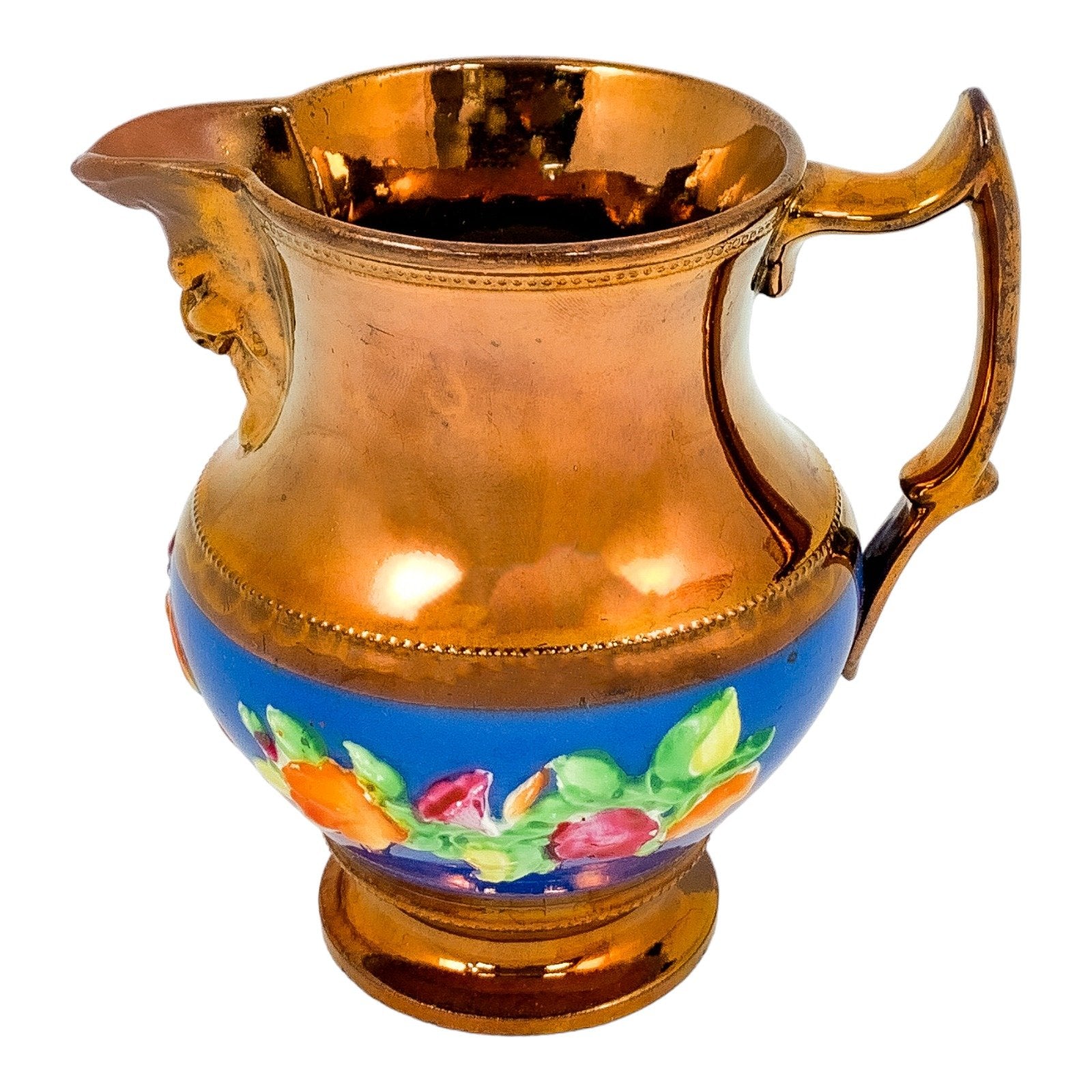 1840’s pottery copper lustreware small wine jug with Bacchus mask and floral sprays