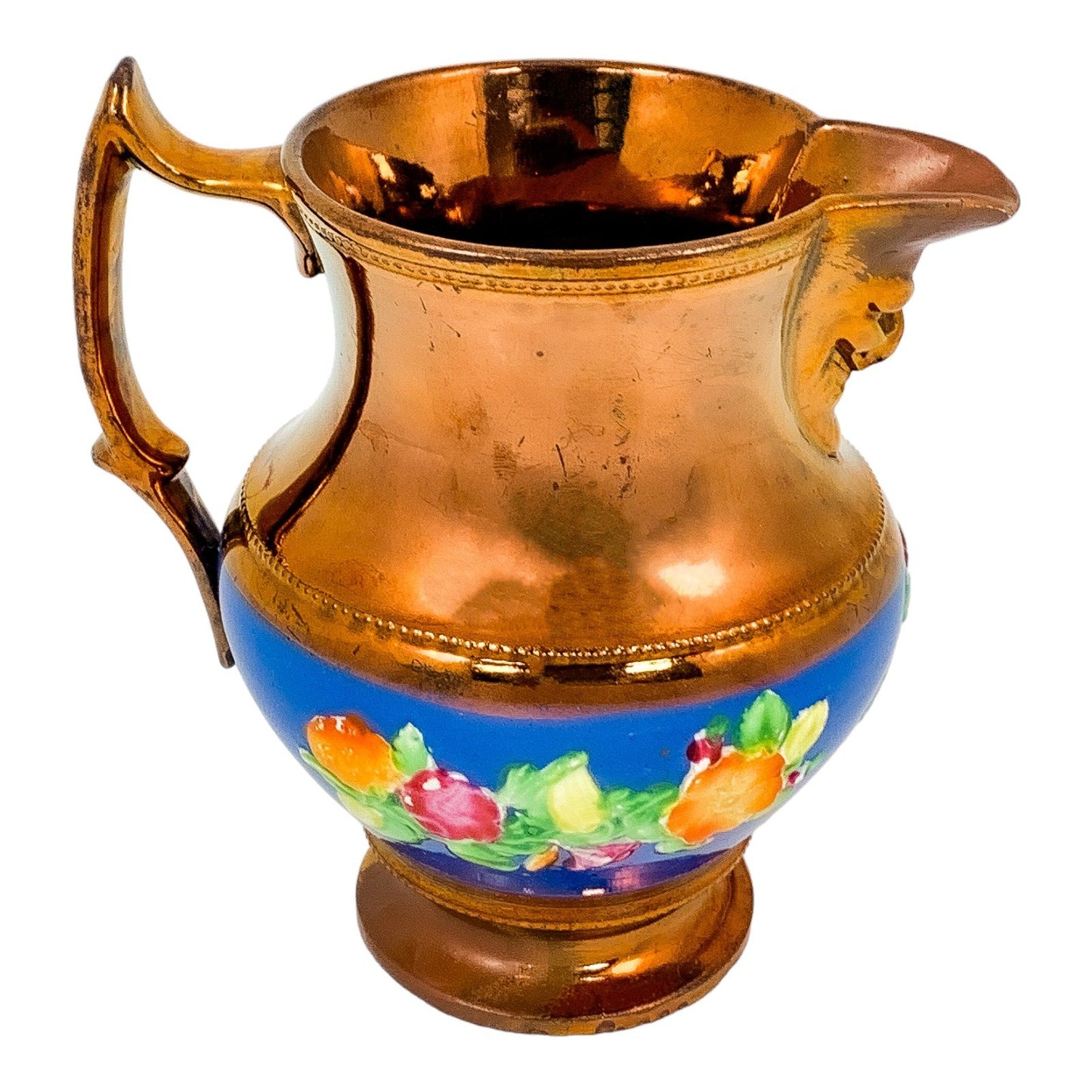 1840’s pottery copper lustreware small wine jug with Bacchus mask and floral sprays