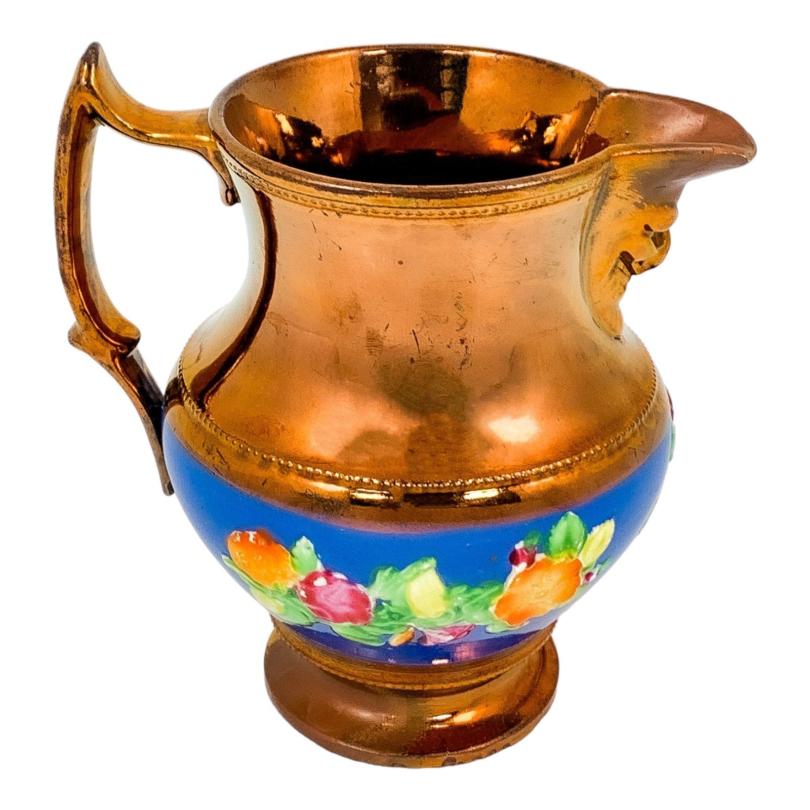 1840’s pottery copper lustreware small wine jug with Bacchus mask and floral sprays