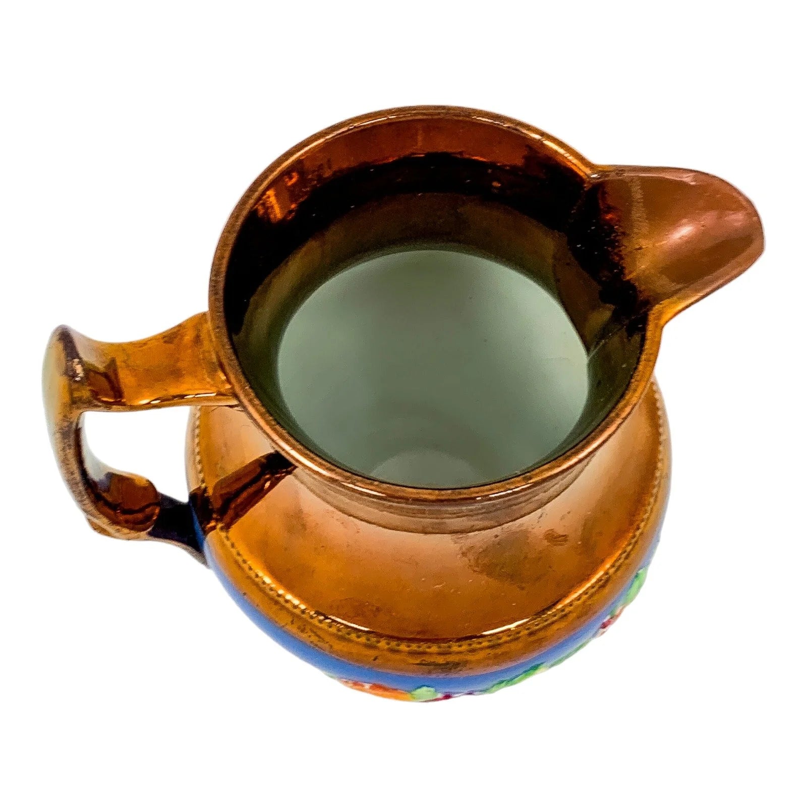 1840’s pottery copper lustreware small wine jug with Bacchus mask and floral sprays