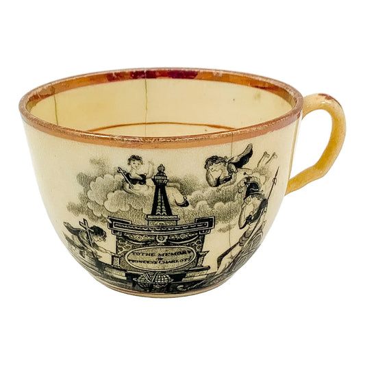 Georgian Staffordshire pink lustre cup in memory of Princess Charlotte, 1817