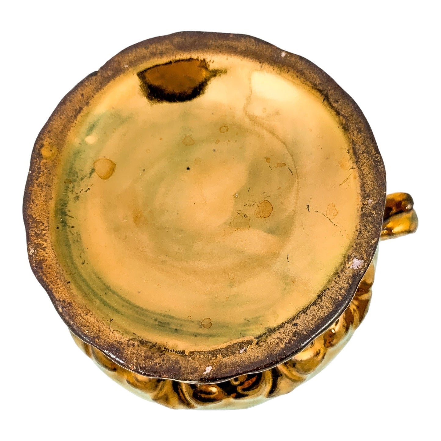 Pair of Victorian pottery copper lustreware moulded jugs / pitchers with religious scenes and snake handles