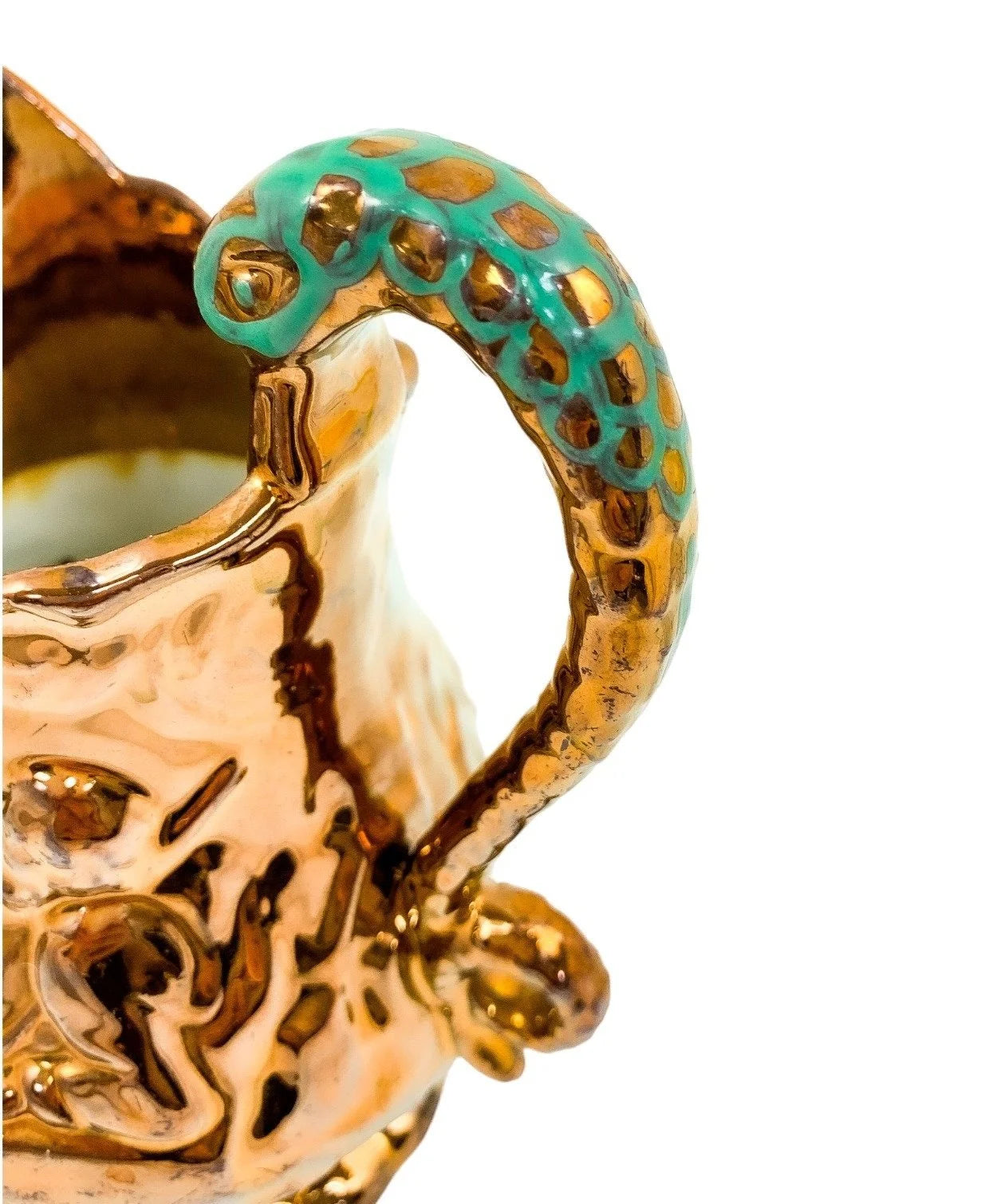 Pair of Victorian pottery copper lustreware moulded jugs / pitchers with religious scenes and snake handles